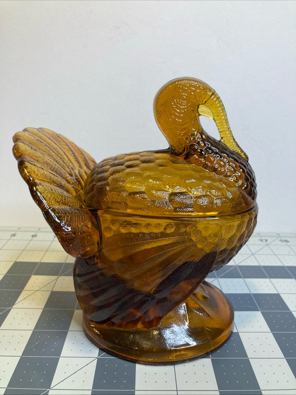 Vintage LE Smith Amber Pressed Glass Turkey Candy Dish with Lid